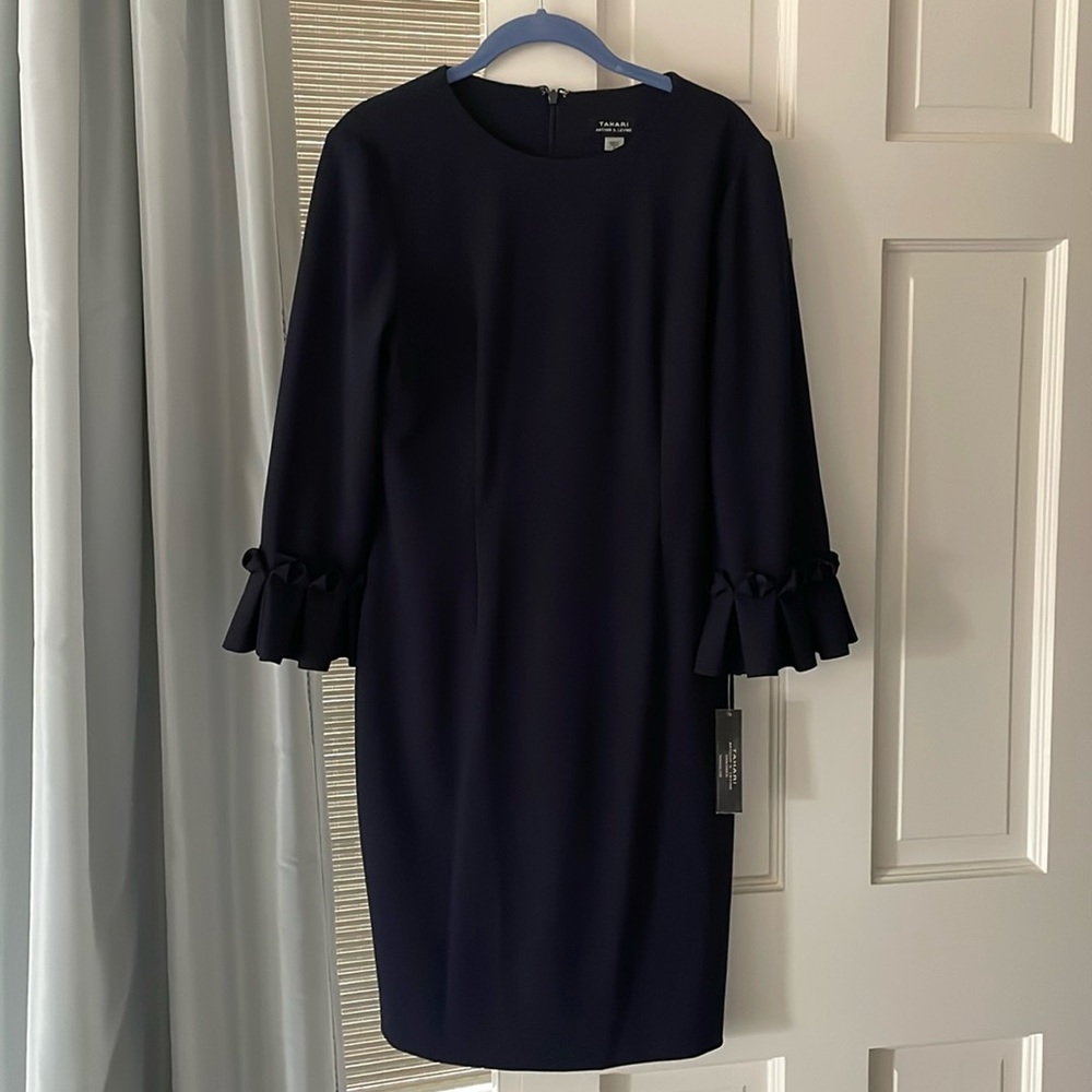 Navy Tahari Ruffle Sleeve Shift Dress